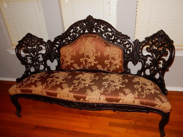 Black Walnut Antique Settee Intricately Carved