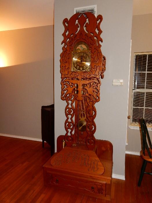 Locally Made Grandfather's Clock Intricately Carved