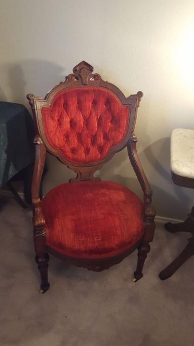Victorian Red Velvet Tufted Parlor Side Chair