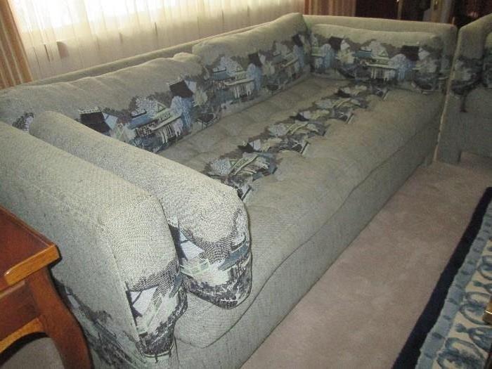 Custom upholstered Asian themed sofa.  There are 2 available