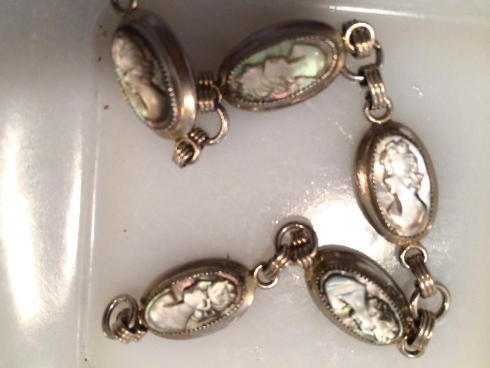 Mother-of-pearl cameo sterling bracelet, vintage