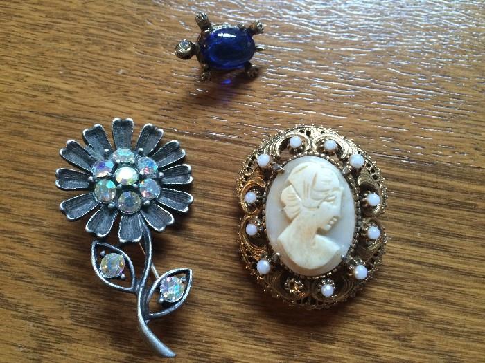 Vintage cameo with mother-of-pearl and other pins