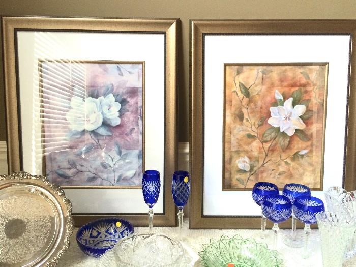 Magnolia prints and etched crystal