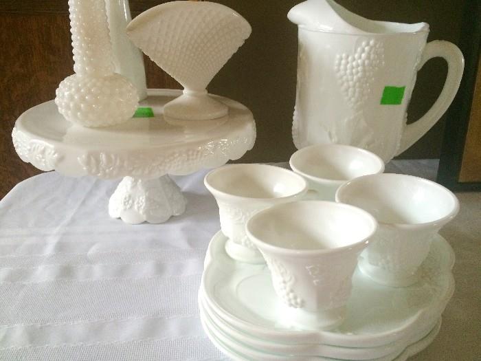 A tiny sampling of the vintage milk glass available for sale, including numerous serving pieces