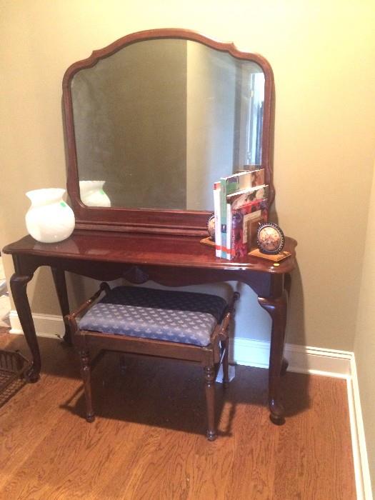 Entryway/sofa table; upholstered antique bench; antique dresser mirror (propped on top of table)