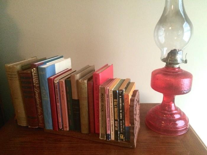 Red glass lantern, vintage fiction, carved adjustable vintage book holder