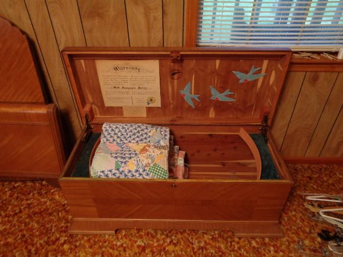 Inside of beautiful cedar chest, note the original documentation still attached to the lid. 