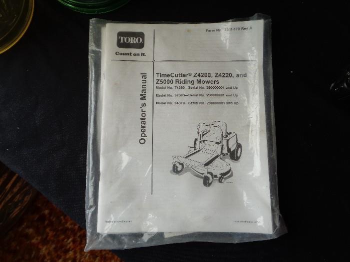 Owners manual for Toro Z4220 Mower, in original bag with receipt. 
