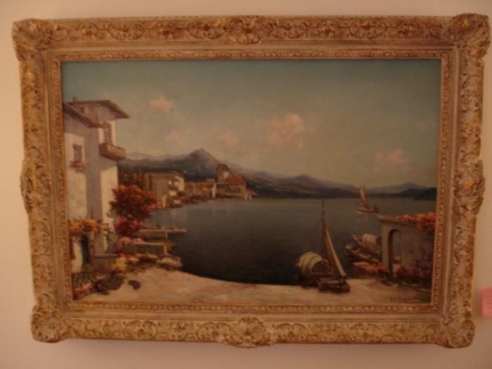 Fine oil on canvas of a Mediterranean seaside village, by Alfredo Caldini (b. 1917)
