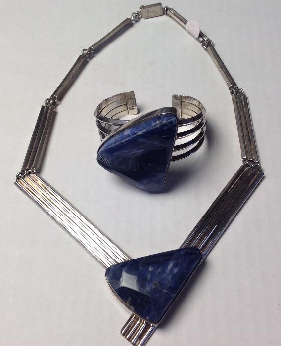 Vintage Sterling Silver and Lapis Necklace and Bracelet signed TC-31Taxco