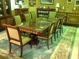 Italian Inlaid Nine-Foot Fixed Dining Table w/ 9 Foot Glass Protective Top, Two Upholstered Back/Seat Dining Captains Chairs and Eight Upholstered Back/Seat Dining Side Chairs