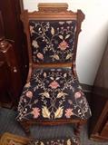 Antique Victorian Black/Floral Needlepoint Upholstered Walnut Parlor Side Chair - Detail