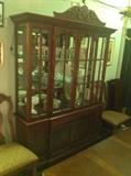 Walnut Lighted China Cabinet w/ Glass Shelves & Mirrored Back