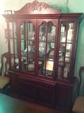 Walnut Lighted China Cabinet w/ Glass Shelves & Mirrored Back - Detail