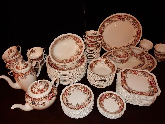 Johnson Brothers
Devonshire-Brown Multicolor
2 16” Oval Serving Platters
1 12” Oval Serving Platter
1 9” Oval Serving Bowl
15 Dinner Plates
12 Bread and Butter Plates
13 Square Snack Plates
12 Soup Bowls with Handles
19 Cup and Saucer Sets
6 Fruit/Desert (Sauce) Bowls
1 Tea Pot with Lid
1 Coffee Pot with Lid
1 Cream
1 Sugar Bowl with Lid
2 Saucers