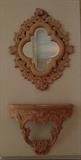 Carved & Glazed Wood Quatrefoil Form Beveled Mirror and Wall-Mount Console