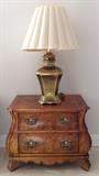 Bombe by Henredon (one of pair); Brass Urn Table Lamp, Linen Shade (one of pair)