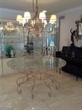 Vintage Custom Finished Wrought Iron Table and Crystal Chandelier by Bruce Eicher