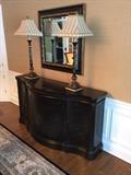 Ethan Allen Chinoiserie Serpentine Console:  64" wide x 19" deep x 35" high, shown with Black Buffet Lamps - (Square Mirror in Photo Not Available For Sale)