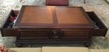Ethan Allen Morley Coffee Table:  51.25" wide x 32.5" deep x 18.75" high.  Shown with side drawers opened.