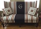 Hickory Chair Monogrammed Upholstered Banquette:  67" wide x 28" deep x 48" high - 2 are available and are upholstered in stain protected fabric