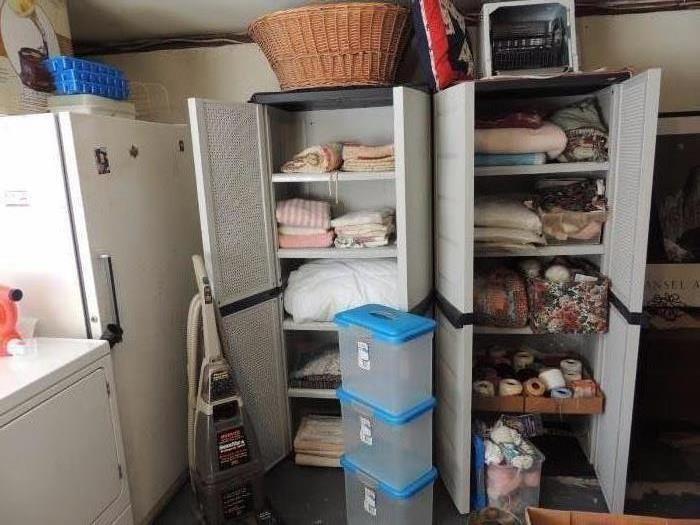 Linens, fabric, yarn, thread, rubbermaid cabinets, containers, GE Freezer