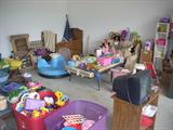 Baby bed, Toddler Toys, Barbie Dolls, Mickey Mouse stuff, Rubbermaid Bins full of all kinds of toys.