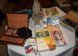 Vintage Items: Oil Lamp, Jewery, etc.