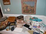 Antique foot stools, mesh purse, notions, hat pins, mens cuff links.   There is some ladies jewelry too, but have not spread it out yet for photo.  Miniatures Collection.