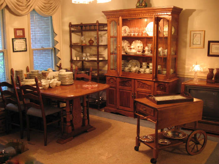 Dining Room Furniture, China Cabinet, 2 Etegeres, Cart Server, Silver Plate and Several China Patterns