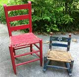 Small sample here of many chairs in the the house. Rockers, Rocking Chairs, Childrens Chairs, 1940's folk art chair. Many chairs in the basement - hanging on the walls.