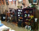 Basement - Garden supplies, Pots, Pottery, Hull, USA, Milk Glass, Green Glass, Lots of stuff hanging on the walls and from the ceiling. Basement is full.