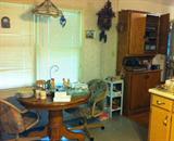 Oak Kitchen Table, Large Cabinet. Coo coo Clock.