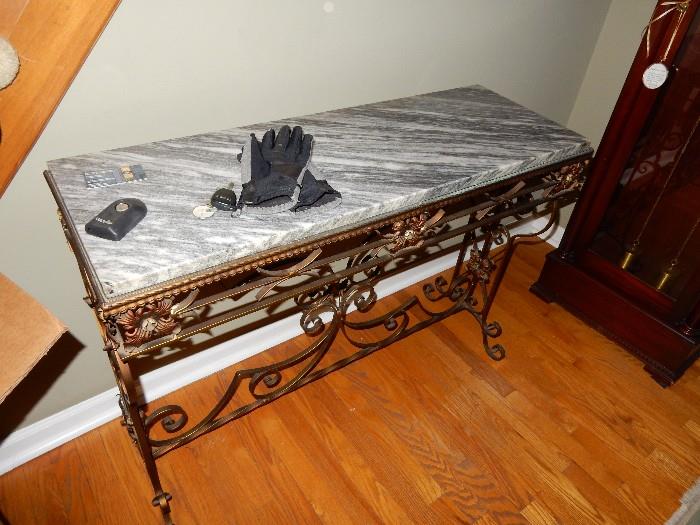 Foyer table, iron base and marble top