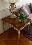 Pair of Tiger Wood and Gold Carved Base End Tables 