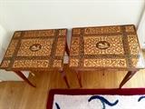 Pair of Intricate Inlaid Italian Tables with Hidden Jewelry Chest and Music Box  