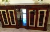 Mahogany Credenza with Mirrored Door Panels (71" x 21" x 38")         
    
  
Pair of Vintage Upholstered Barrel Chairs (42" H) 