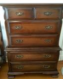 5 Piece Walnut Colonial Twin Bedroom Set (2 Beds, Tall Dresser, Nightstand, Lower Dresser with Mirror)