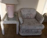 Ficks Reed White Wicker Upholstered Couch, 2 Arm Chairs, 2 End Tables, 1 Long Glass Top Coffee Table