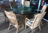 Ficks Reed Whitewashed Rattan Seat, Round Beveled Glass Top Table with 6 Cushioned Chairs          

