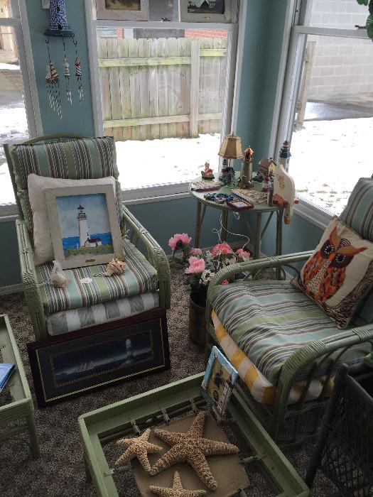 1950's wicker furniture matching set includes (2) chairs, (2) end tables, (2) stools, couch, and lamp table + nice light house decor collection, shells and more