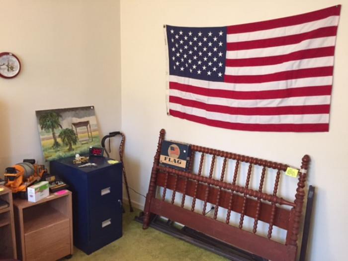 Full Size Headboard and Footboard With Frame, Nice Flag and Several Walking Canes.