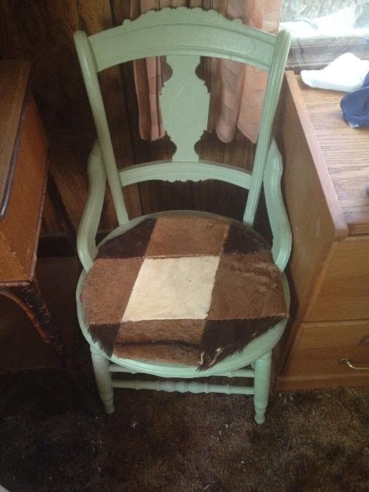 OLD GREEN CHAIR UPHOLSTERED IN COWHIDE PERFECTLY DECADENT