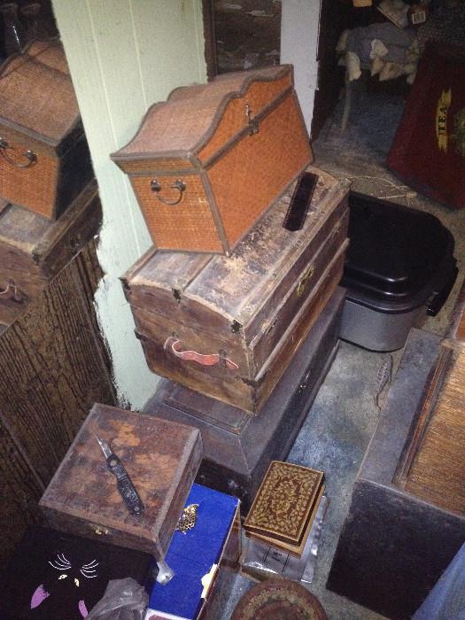 SEWING CASE AND OTHER WOODEN BOXES AND TINS