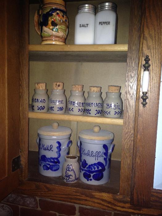Stoneware condiment jars, German beer stein and milk glass S/P