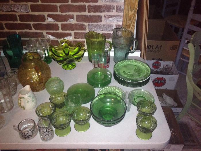 Green Depression glass: Cherry plates, Block Optic saucers, Madrid bread & butters, America Fostoria sherberts, pitchers (one retro Coke)