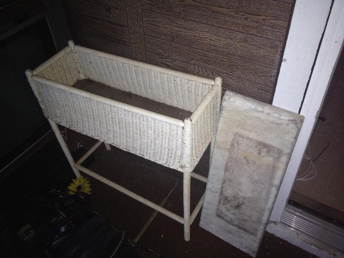 Wicker plant stand -- rectangle of marble