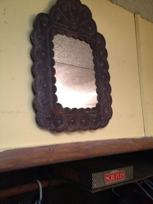 TIN FRAMED MIRROR  (ABOUT 10" X 7")