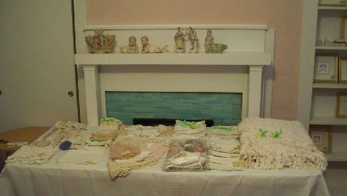 Vintage linens, many handmade laces and trim