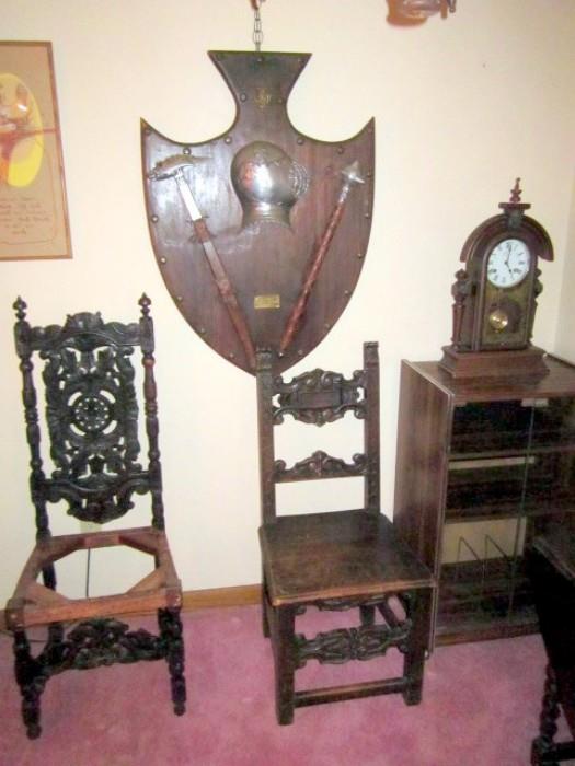 Antique William & Mary chairs, one needing seat. Also Southern pendulum clock, music cabinet & coat of arms.